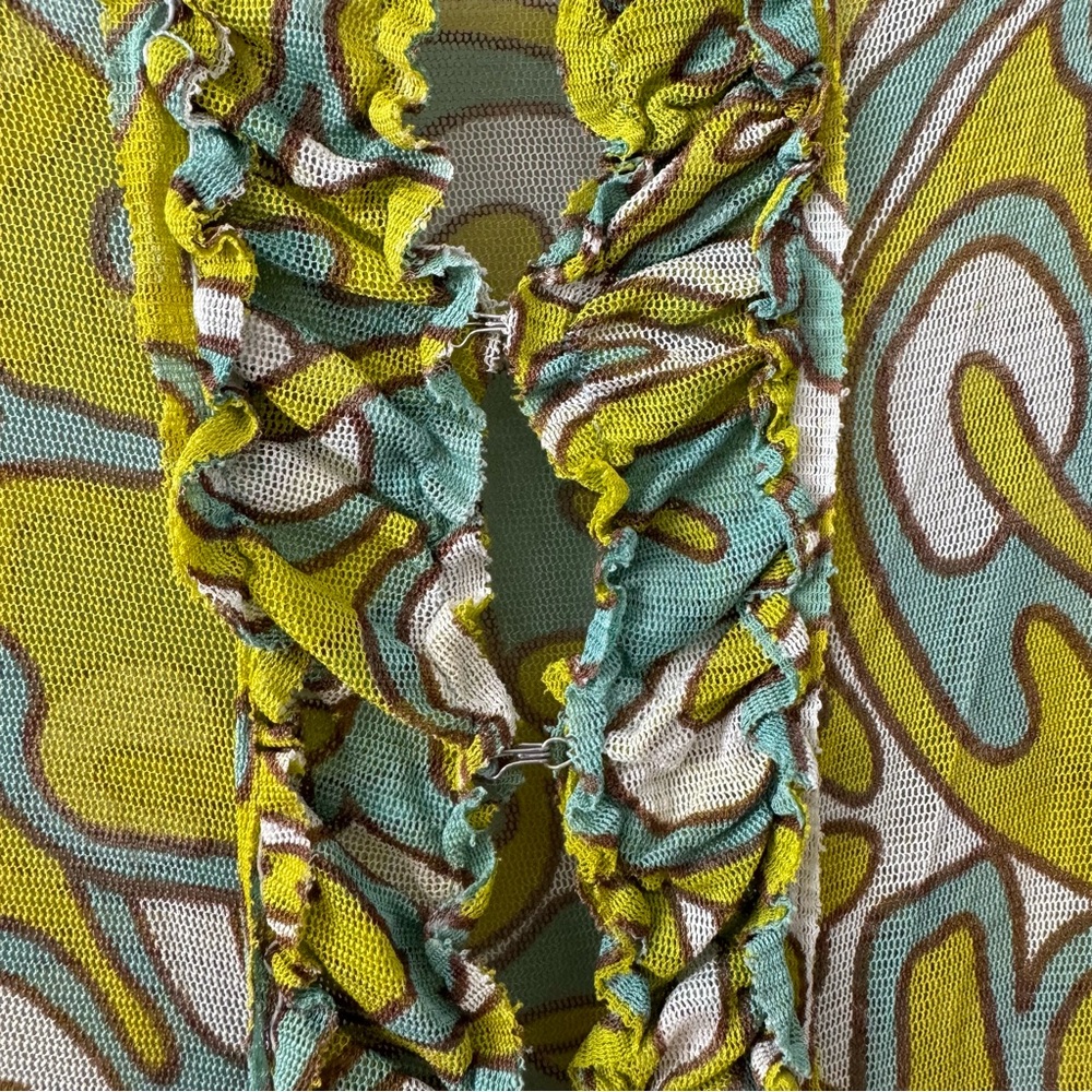 Lynn Ritchie 100% Silk Sheer Mesh Ruffle Groovy Floral Top Medium - Picture 6 of 14
